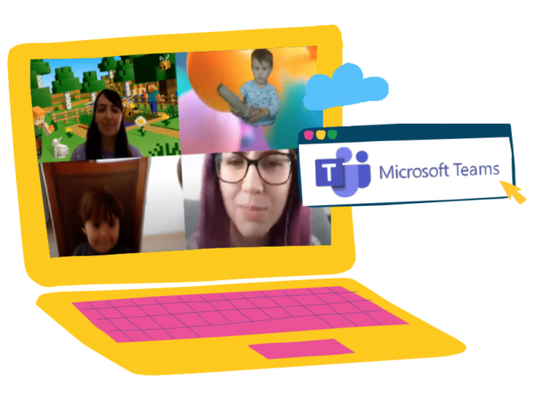 Desenho de um computador amarelo e rosa com quatro pessoas na tela em chamada de vídeo com o ícone do Microsoft Teams. 